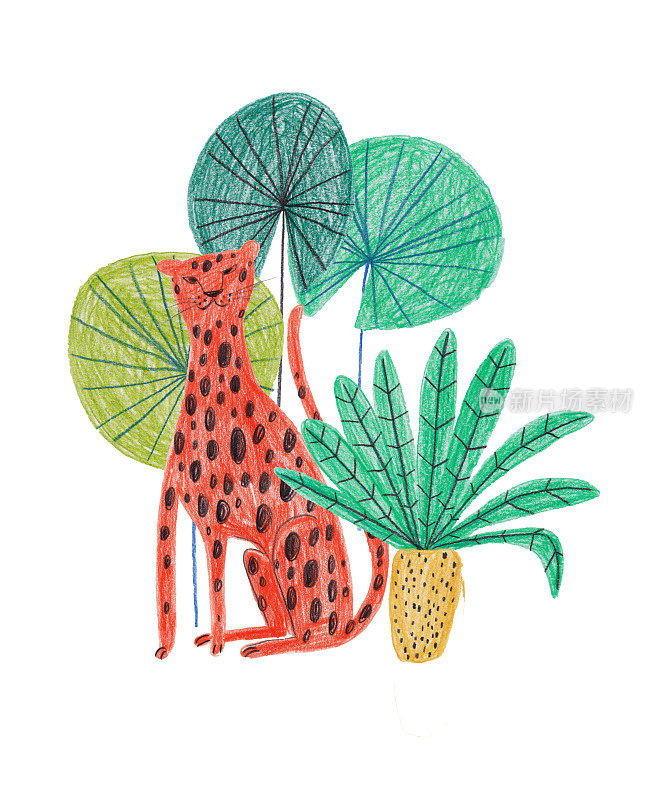 Illustration with cheetah and tropical plants